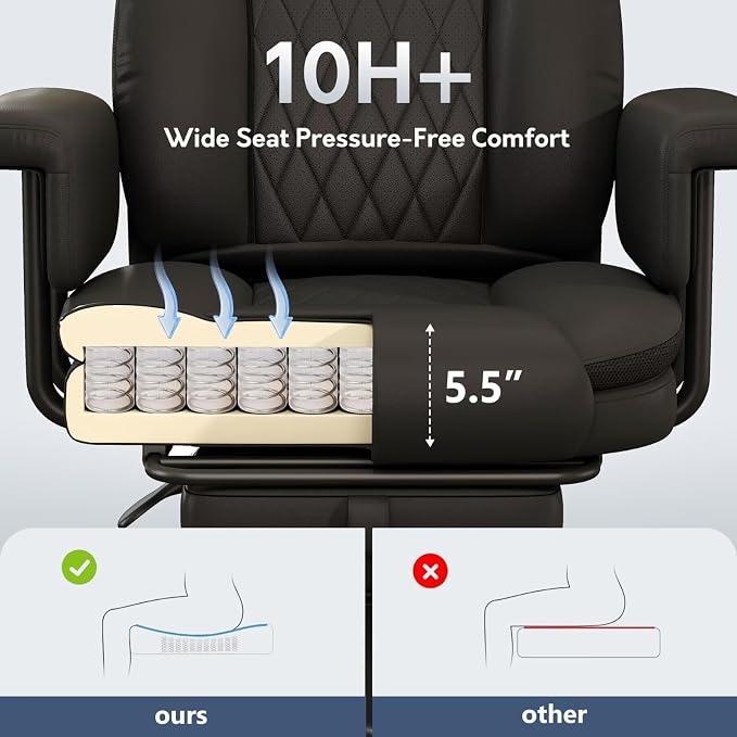 Executive Office Chair Big and Tall 500LBS, 165° Reclining Office Chair with Footrest, Leather Desk Chair with Quiet Rubber Wheels, Height Adjustable, Padded Arms, Black