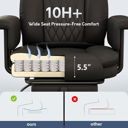 Executive Office Chair Big and Tall 500LBS, 165° Reclining Office Chair with Footrest, Leather Desk Chair with Quiet Rubber Wheels, Height Adjustable, Padded Arms, Black