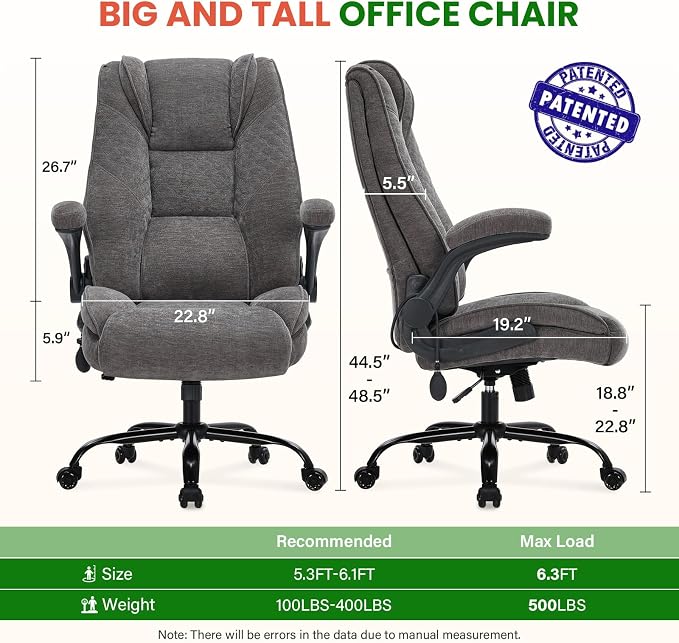 CIOMAN 500lbs Big and Tall Office Chair with Inflatable Lumbar Support for Back Pain, Executive Office Chair with Flip Up Arms and Rocking Function, Wide Cushion Computer Chair for All-Day Sitting
