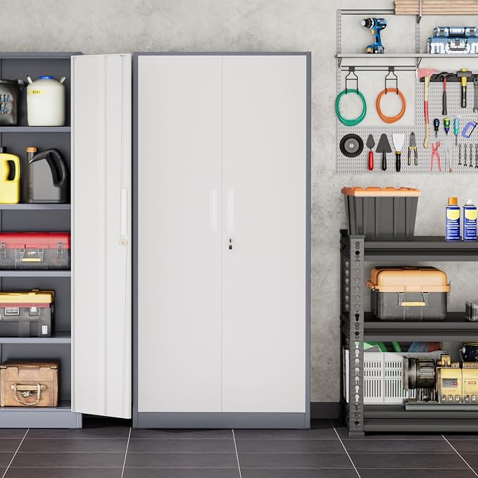 INTERGREAT Storage Cabinet with Doors and Shelves, Metal Garage Storage Cabinets with Lock, Black Lockable Steel Supply Cabinet for Home Office, Warehouse (Grey White)