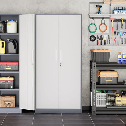 INTERGREAT Storage Cabinet with Doors and Shelves, Metal Garage Storage Cabinets with Lock, Black Lockable Steel Supply Cabinet for Home Office, Warehouse (Grey White)