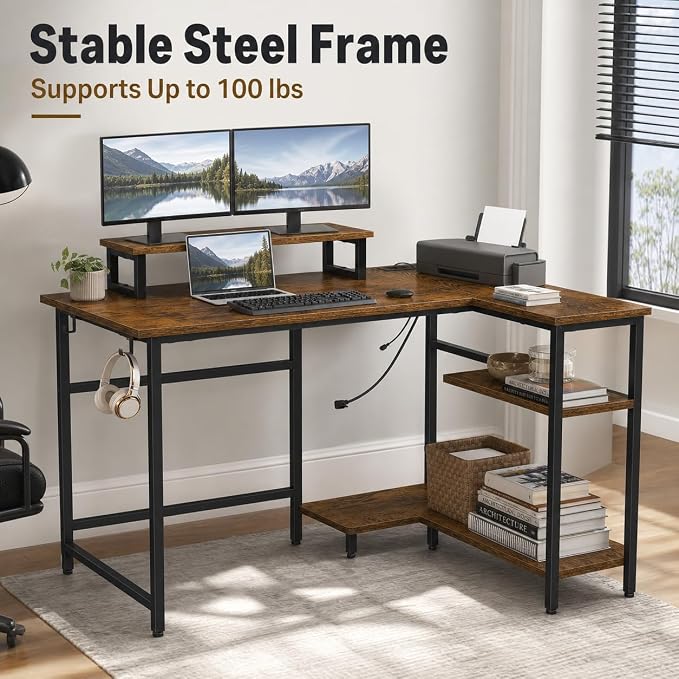 DEVAISE Compact 43" L Shaped Gaming Desk with LED Lights and Power Outlets - Corner Computer Table with Monitor Stand and Storage Shelves for Work and Gaming, Rustic Brown