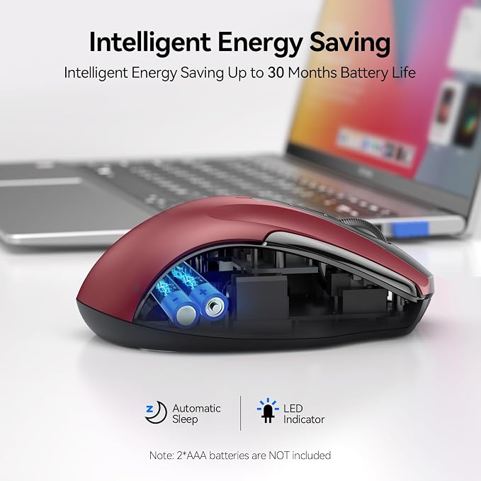 TECKNET Wireless Mouse (2.4G & BT5.0/3.0) Silent 4800 DPI Computer USB A & Bluetooth Mouse 6 Buttons, Wide Compatibility - Red