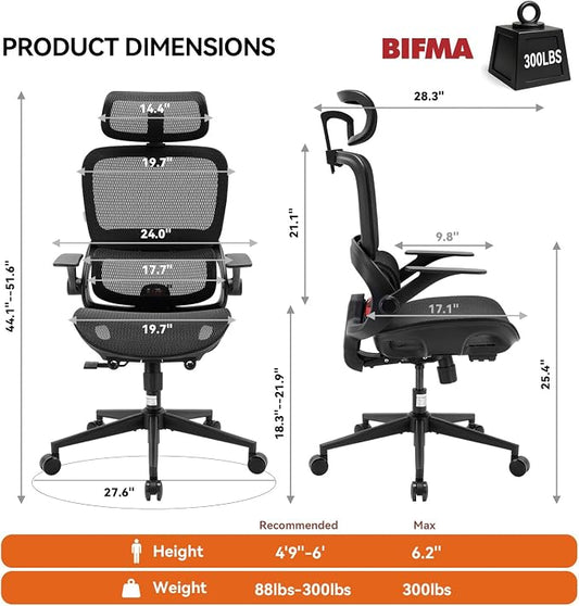 SIHOO B100 Office Chair, Comfy Ergonomic Office Chair, Computer Chair with Adaptive Lumbar Support & Wide Headrest, Flip-up Armrests, Swivel Desk Chair for Long Hours, Without Footrest, Black
