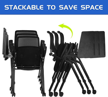 Updated Conference Room Chairs with Tablet Arm, Folding Office Desk Chair with Lumbar Support and Sliding Armrest with Casters, Stackable Office Guest Chairs & Reception Chairs, 1 Pack Black
