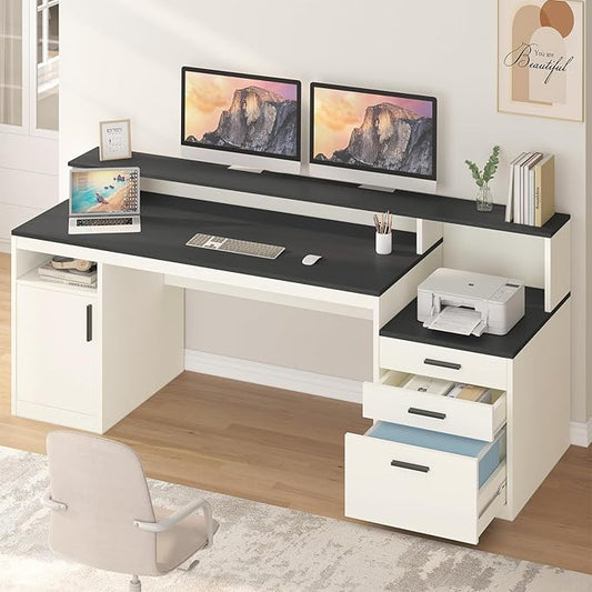 YOMILUVE 65 Inch Computer Desk with 3 Drawers & Storage Shelves, Executive Desk with File Drawer & Cabinet, Home Office Desk with Long Monitor Stand & Printer Shelf, Black & White