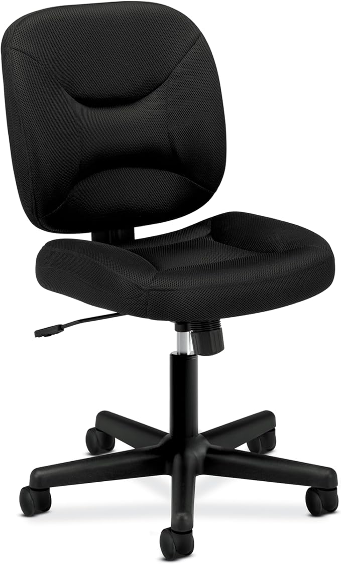 HON ValuTask Ergonomic Armless Office Chair with Breathable Mesh Low Back, Center‑Tilt Recline and Wheels, Compact Desk and Computer Chair for Home Office, Dorm, or Small Spaces, Black