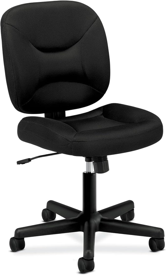 HON ValuTask Ergonomic Armless Office Chair with Breathable Mesh Low Back, Center‑Tilt Recline and Wheels, Compact Desk and Computer Chair for Home Office, Dorm, or Small Spaces, Black