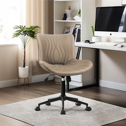 Armless Office Chair, Height Adjustable Desk Chair with Wheels, Ergonomic Comfy 360° Swivel Home Office Computer Task Chair, Faux Leather Padded Cute Vanity Chair, Khaki