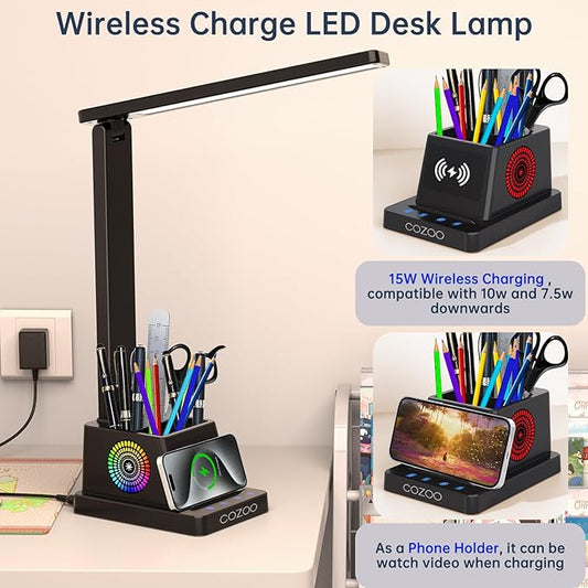cozoo LED Desk Lamp for Home Office, Desk Light with 15W Wireless Charger Pen Holder, 12 Lighting Modes Desk Lamp for Bedroom, Small Table Lamp for College Dorm, Study, Craft, Nail, Matte Black