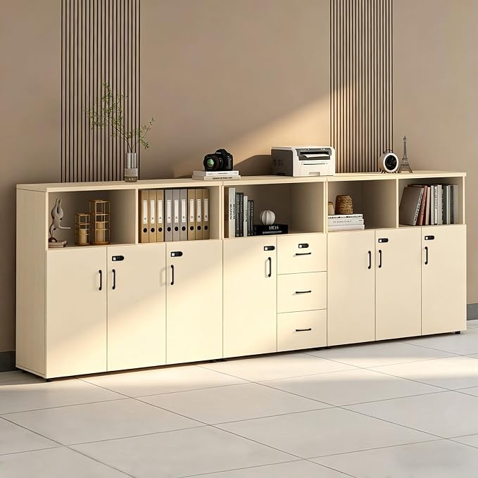 File Cabinet with Password Lock, Wood Lateral Filing Cabinet for Letter/A4 Files, 3 Drawer with Door, Printer Stand with Open Shelves for Home Office