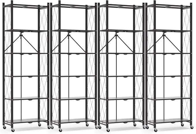 ALANNG 73.6 Inch Folding Bookshelf, 6 Tier Metal Bookcase and Bookshelves, Tall Shelves for Living Room Office Bedroom, Heavy Duty Book Shelve Free Standing Open (Black, 4PACK)
