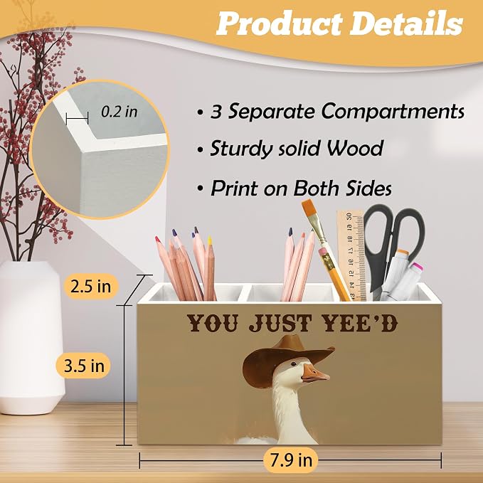 Funny Western Cowboy Goose Pen Holder Organizer for Desk Accessories, Goose Gifts Wooden Box Sign Desk Decorations for Home Bedroom Office Decor, Western Office Decor, Cowboy Gifts