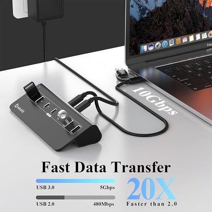 USB C Hub,USB Hub Powered with 5V 3A Power Adapter, 10Gbps USB Splitter with 4 USB-A and 3 USB-C Ports, 7-Port Type C Multiport Adapter for MacBook Air/Pro, iPhone 16/15, Laptop and More(Black)