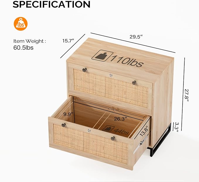VINGLI Wood Rattan 2 Drawer Lateral File Cabinet with Lock for Home Office, Lockable Filing Cabinet with Rustic Metal Handles for Hanging Letter/A4/Legal Size Labeled Folders, Oak, 30W x 16D x 28H