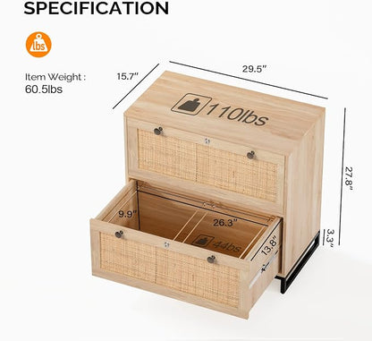 VINGLI Wood Rattan 2 Drawer Lateral File Cabinet with Lock for Home Office, Lockable Filing Cabinet with Rustic Metal Handles for Hanging Letter/A4/Legal Size Labeled Folders, Oak, 30W x 16D x 28H