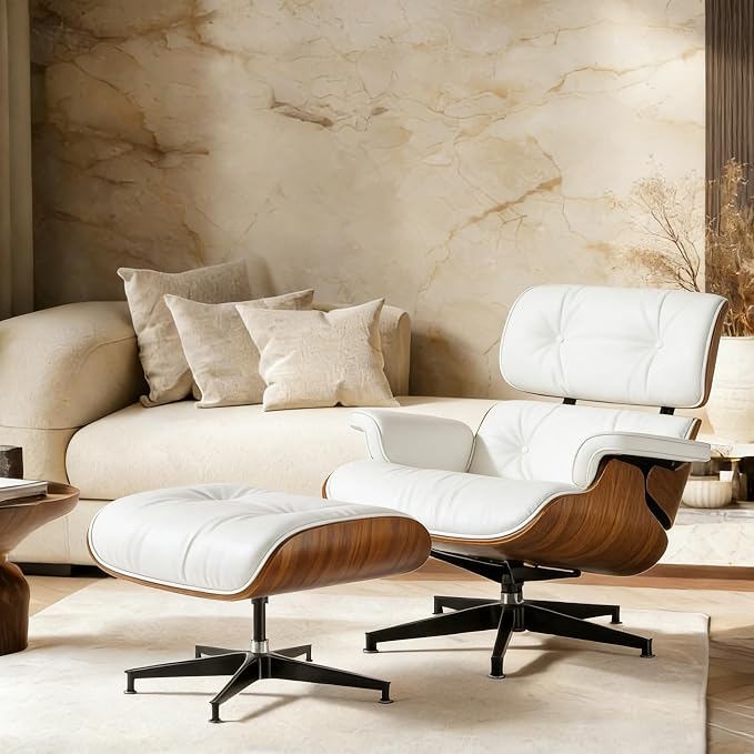 Top White Grain Leather Accent Chair,Mid Century Lounge Chair with Ottoman Chase Lounge Chair Indoor, Modern Chair Classic Design,Heavy Duty Base Support for Living Room Office Walnut White
