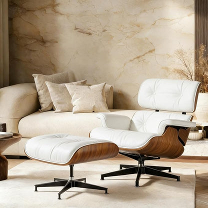 Top White Grain Leather Accent Chair,Mid Century Lounge Chair with Ottoman Chase Lounge Chair Indoor, Modern Chair Classic Design,Heavy Duty Base Support for Living Room Office Walnut White