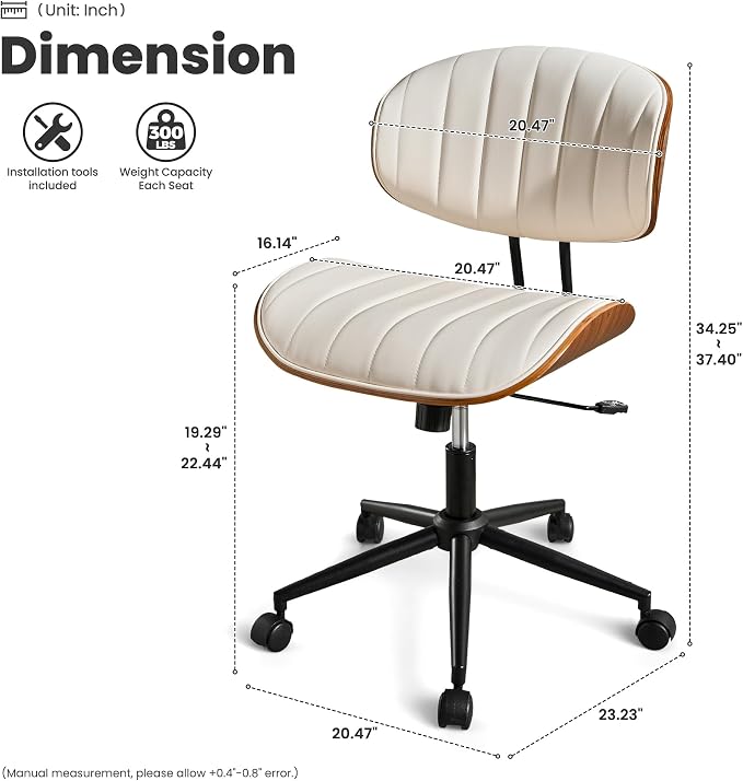 ovios Home Office Chair with Wheels, Modern PU Leather Swivel Computer Desk Chair, Mid Back Adjustable Height Armless Walnut Chairs for Office (White Stripes)