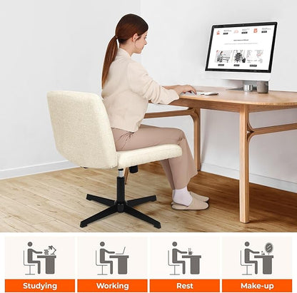 NEO CHAIR Criss Cross Chair No Wheel Vanity Desk Chair Wide Armless Cross Legged Office Comfy Makeup Adjustable Computer Task for Home Office Fabric (Beige)