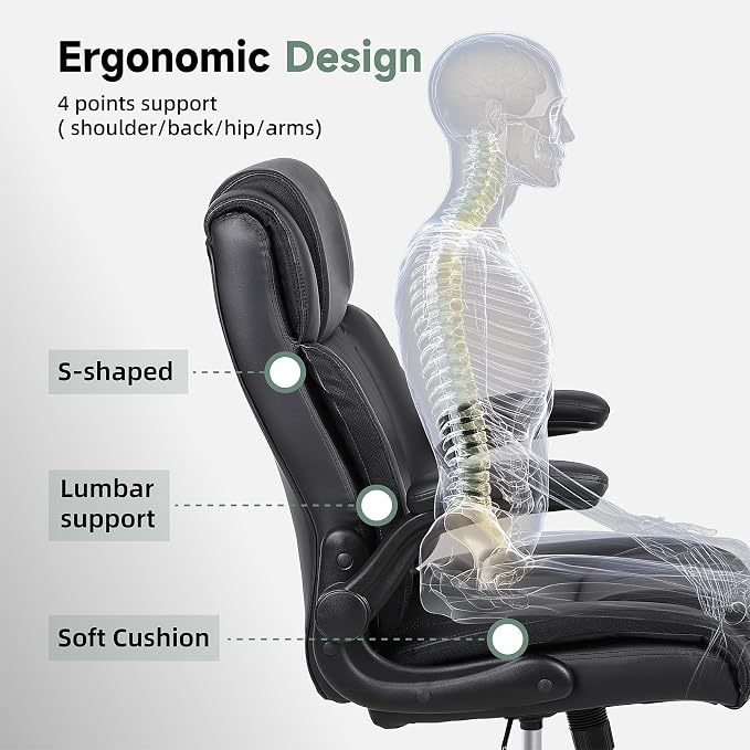 Executive Office Chair with Flip-Up Armrests, PU Leather Ergonomic Computer Desk Chair for Home Office, Computer Chair with Lumbar Support, Thick Seat Cushion & Adjustable Height
