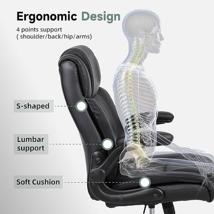 Executive Office Chair with Flip-Up Armrests, PU Leather Ergonomic Computer Desk Chair for Home Office, Computer Chair with Lumbar Support, Thick Seat Cushion & Adjustable Height