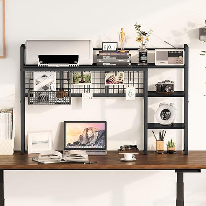Snughome Desk Shelf, 44.9" Desktop Organizer Shelf, Desk Hutch for Computer Monitor, 4 Tier Desk Display Rack with Pegboard Hooks Set, Wood Desktop Bookshelf for Home Office Dorm