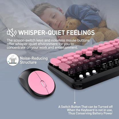 Wireless Keyboard and Mouse Combo, Cute Colorful Keyboard and Mouse, Full-Size Retro Typewriter Keyboard with 2.4GHz Plug & Play, for Windows 11/10/7, Laptop, PC -BlackBerry