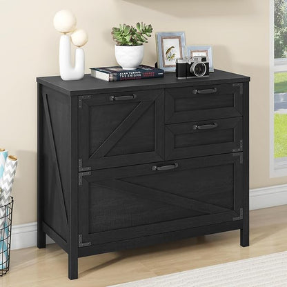 Halitaa Lateral File Cabinet with 4 Drawers, Farmhouse File Cabinet for Letter/Legal/A4 Size Hanging Files, Large Wood File Storage Cabinets Printer Stand for Home Office Cabinets, Black