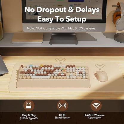 Wireless Keyboard and Mouse Combo, Round Keycaps, Full-Size Retro Typewriter-Style Keyboard with Magnetic Wrist Rest, Tilt Legs, 2.4GHz Cordless for Mac, Windows PC, Laptop, SABLUTE CK23, Latte Beige