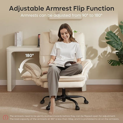 Bestier Criss Cross Chair with Flip-Up Armrests, Swivel Makeup Vanity Chair with Wheels & Side Pockets, Cross Legged Office Chair for Home Office, Bedroom (Beige Velvet, High Back)