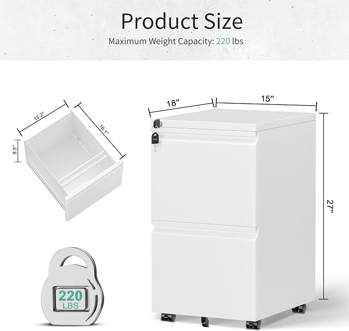 Bonusall 2 Drawer File Cabinet, Metal Rolling File Cabinet with Lock, Filing Cabinets for Home Office Fit A4/Letter/Legal, Easy Assembled, White