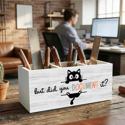 Funny Black Cat Pencil Pen Holder for Desk Organizer, Black Cat Gifts, HR Human Resource Gifts, But Did You Document It Wooden Box Decorations for Office Workplace Desk Tabletop Decor