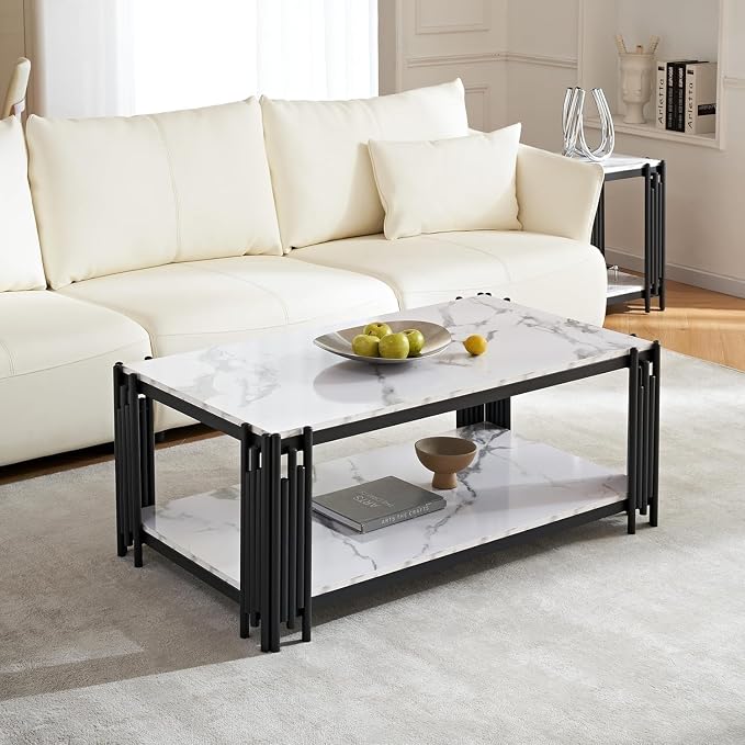 White Marble Coffee Table Set - 3 Piece Living Room Set with Black Chrome Metal I-Base