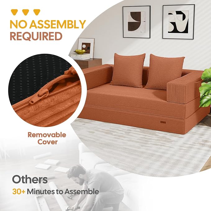 COMAX Futon Sofa Bed, 4‑in‑1 Convertible Sofa Bed, Folding Boneless Couches | Boneless Couch for living room, Fold Out Small Foldable Loveseat Floor Sleeper Mattress Lounge Space‑Saving, Light Orange