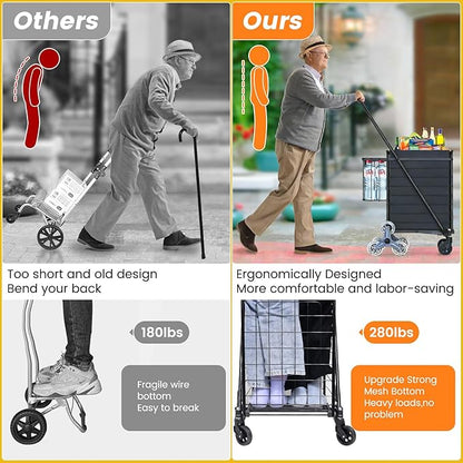 [Upgrade] Shopping Cart for Groceries, 280 LBS Large Grocery Cart with Waterproof Liner, 360° Rolling Swivel Wheels, Heavy Duty Utility Cart Folding Shopping Carts for Laundry Luggage Gift