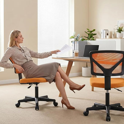 OLIXIS Ergonomic Armless Office Desk Chair with Wheels, Mesh Back, Removable Washable Foam Cushion, Height Adjustable Rolling Swivel Chairs for Small Space, Home, Office, Dark Orange