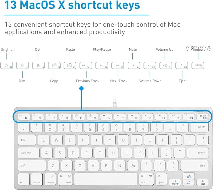 Macally Small Wired Keyboard for Mac and Windows - 78 Scissor Switch Keys Compatible Apple Keyboard - USB Mini Keyboard that Saves Space and Looks Great - Plug and Play Wired Mac Keyboard - Aluminum
