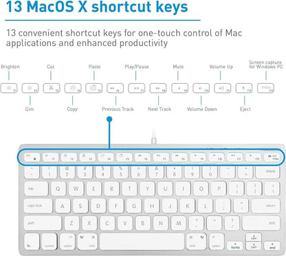 Macally Small Wired Keyboard for Mac and Windows - 78 Scissor Switch Keys Compatible Apple Keyboard - USB Mini Keyboard that Saves Space and Looks Great - Plug and Play Wired Mac Keyboard - Aluminum