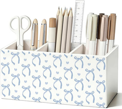 Coquette Blue Bow Pen Pencil Holder for Desk, Preppy Room Bedroom Decor, Preppy Blue Ribbon Bow Wooden Box Sign Decorations for Girls Bedroom Room Dorm Desk Tabletop
