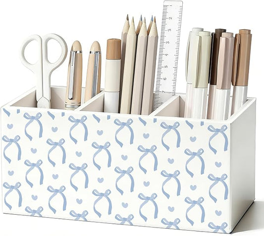 Coquette Blue Bow Pen Pencil Holder for Desk, Preppy Room Bedroom Decor, Preppy Blue Ribbon Bow Wooden Box Sign Decorations for Girls Bedroom Room Dorm Desk Tabletop