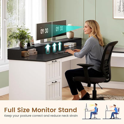 SEDETA 63" L Shaped Desk with Drawers, Farmhouse Office Desk with File Drawers, Wood Corner Computer Desk with Storage, Home Office Desk with Monitor Stand and Storage Cabinet, Black and White