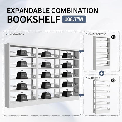 70.9" H Metal Bookshelf, Adjustable Bookcase, 5-Tier Heavy Duty Bookshelf with Bookend, Tall Bookshelves, Bookcase Shelf for Living Room, Office, Library,Classroom (White-108.3W)