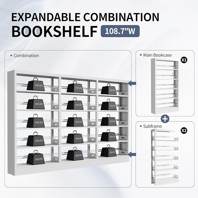 71" Expandable Combination Metal Bookshelf,5 Tier Library Bookcase with Adjustable Shelves,Heavy Duty Bookshelves and Bookcases,Modern Book Shelf Tall Book Case/Shelves (108.3" W, White)