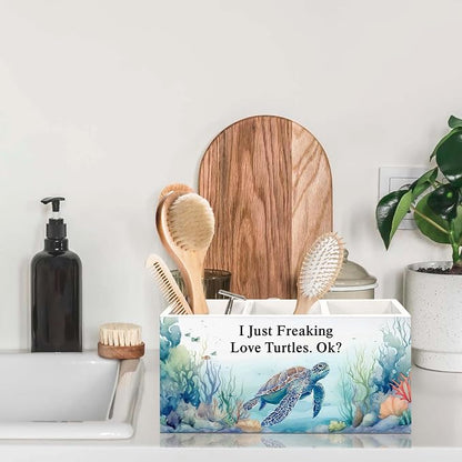 Turtle Pen Holder for Desk, Coastal Nautical Sea Animal Pencil Organizer, Turtle Gifts for Women, I Just Freaking Love Turtles Wooden Pen Holder Desk Accessories Decor for Home Office