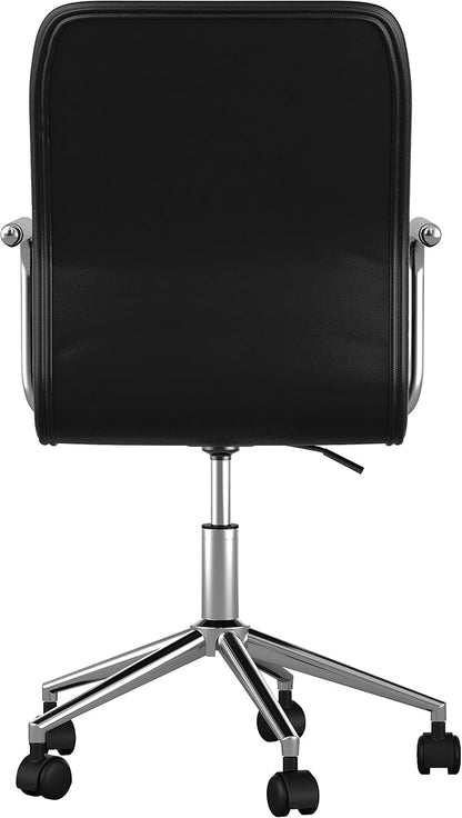 Martha Stewart Taytum Swivel Task Chair with Armrests for Home Office in Black Faux Leather with Polished Nickel Frame