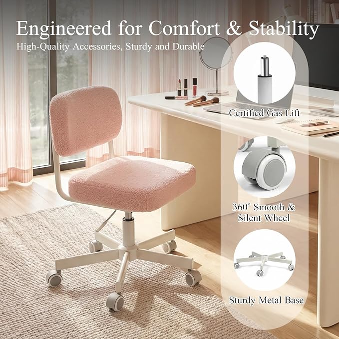 Vanity Chair with Wheels, Cute Armless Desk Chair with Back, Height Adjustable Swivel Small Office Chair, Comfy Velvet Computer Task Chair for Bedroom, Study, Dressing Room Pink