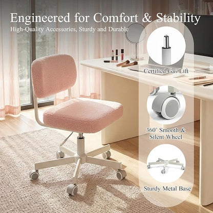 Vanity Chair with Wheels, Cute Armless Desk Chair with Back, Height Adjustable Swivel Small Office Chair, Comfy Velvet Computer Task Chair for Bedroom, Study, Dressing Room Pink