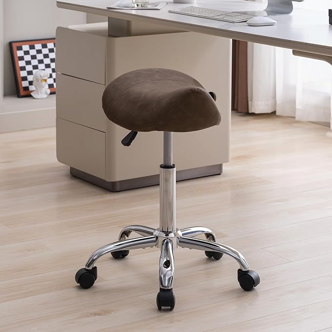 FIRAVOE Saddle Stool, Swivel Saddle Stool with Wheels, Adjustable Rolling Stool 18"-26", Faux Leather Rolling Stool for Salon, Massage, Clinic, Lab, Office (Tan, 1PCS (18"-26"))