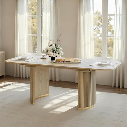 HULALA HOME 60"-80.75" Extendable Dining Table, Solid Wood Kitchen Table with Removable Leaf, Fluted Base, Mid-Century Modern Home Office Desk for Dining Living Working Room-Natural